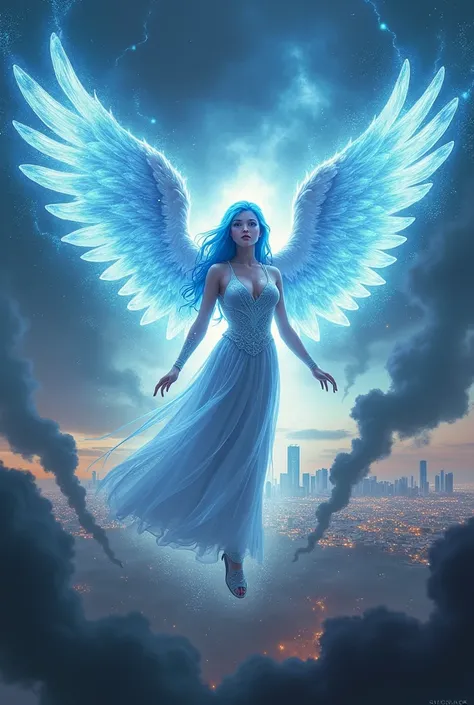 ANGEL OF A BLUE-HAIRED WOMAN AND LOS ANGELES SUPPORTING HER WITH HEAVENLY WINGS FIGHTING AGAINST THE DARK