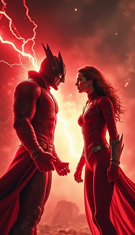 Create a fierce confrontation between Scarlet Witch and Vision, both in an enraged state, facing each other in an epic standoff. Scarlet Witch, in her red and black costume with her iconic crown, stands with her hands raised, glowing with intense chaos mag...