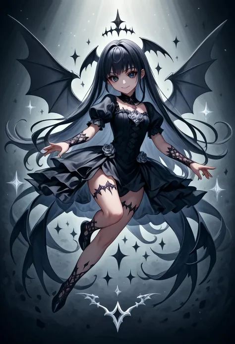 score_9, score_8_up, score_7_up, source_anime,chibi, best quality, official art, 1girl, dark gothic,drkgirl, demon attire, dark grow eyes, soft smile, light-filled background resembling death palace, delicate depiction crystal effect, flowing white and gol...