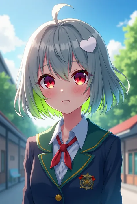 Attractive anime-style middle school student with short gray hair

Ahegao　Red eyes　uniform　white heart hair ornament

Only part of the forelock is fluorescent green

Part of the bangs is fluorescent green

Entrance ceremony
