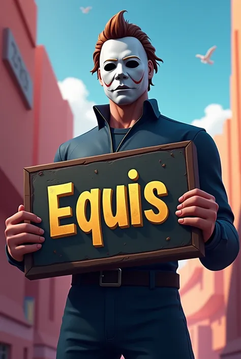 Michael Myers Fornite style holding a sign with the name Equis in gold letters and in the background the Fornite map enhances the photo