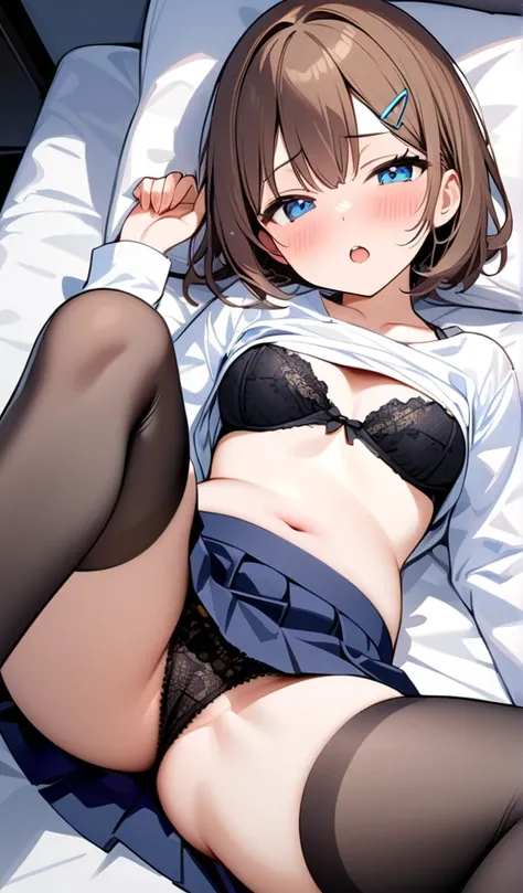 ( one girl ),(  best quality, 8k, masterpiece:1.3),( Amazing vibe   ), Ultra-high definition , Sparkle Effect, 

White bed,White pillow,

 high school girl ,Unbutton the white blouse and show off the bra, navy pleated skirt ,Navy Ribbon, navy knee socks, ,...