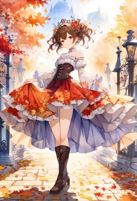 (((nsfw)))、 (((watercolor))), (((gothic))),       woman standing on a street lined with young fall leaves   、 A fascinating scene  ,    Decorated with hair ornaments  、    pose is medium length   ,    Wavy brown hair ..。.。Super mini skirt with frills, s ex...