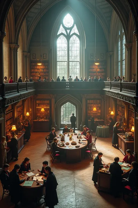 Make an image of a Hogwarts room with the 4 houses (green, red, yellow and blue) 