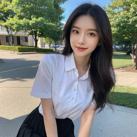 A young woman posing outdoors with a gentle smile. She has straight, dark brown hair and is wearing a Thai university uniform, which is a white short arm shirt and black pleated skirt. Her hands rest on her waist, giving her a playful, slightly edgy look. ...