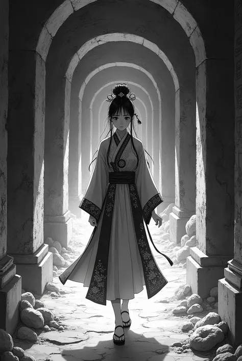 Black and white manga, Beautiful Chinese girl from Ming dynasty visiting ancient tombs