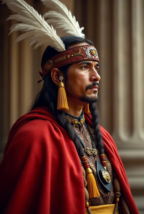 A 40-year-old Peruvian Inca with a red cloak has a brown headband on his forehead with 2 white plumes with yellow earflaps looking from the side