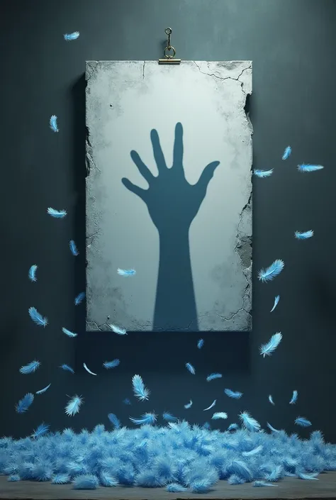 An image with small blue feathers falling all over . In the middle is a large painting with the shadow of a hand painted inside a torn hole in the canvas. dark gray background