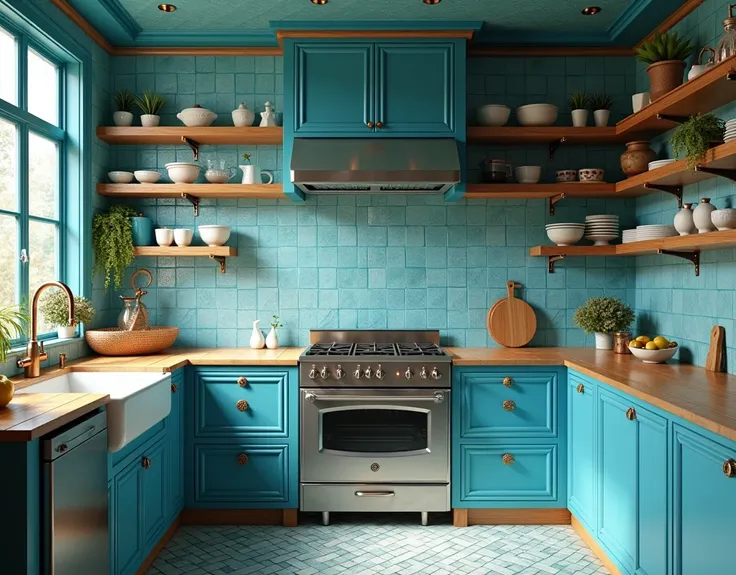 A retro-artsy kitchen room with blue tiles