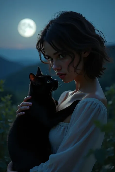  Brazilian woman , Redondo brunette  ,  holding a black cat with moonlight ,  Northeastern landscape  