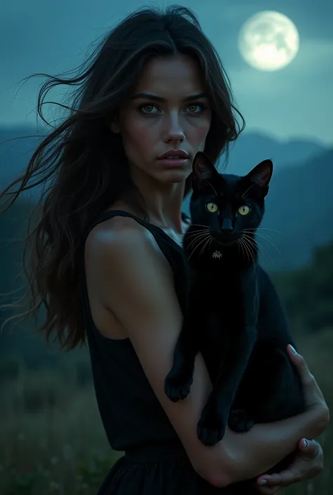  Brazilian woman , Redondo brunette  ,   long hair,  holding a black cat with moonlight , Northeastern landscape 