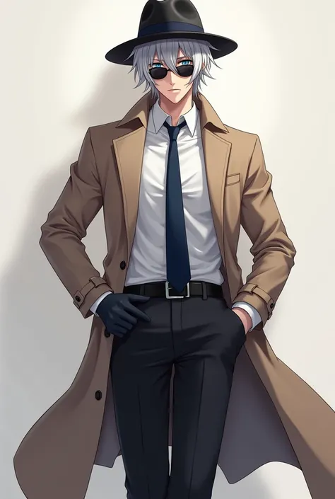 Sexy anime guy with silver hair and blue eyes wearing white dress shirt , blue tie, tan trenchcoat , black trousers, black fedora, black  dress shoes, black gloves and sunglasses masturbating full body