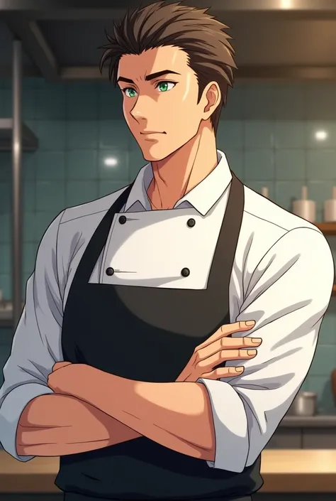 A tall gentle mature handsome anime man with  brunette hair and green eyes make him look like a cook oc from black butler 