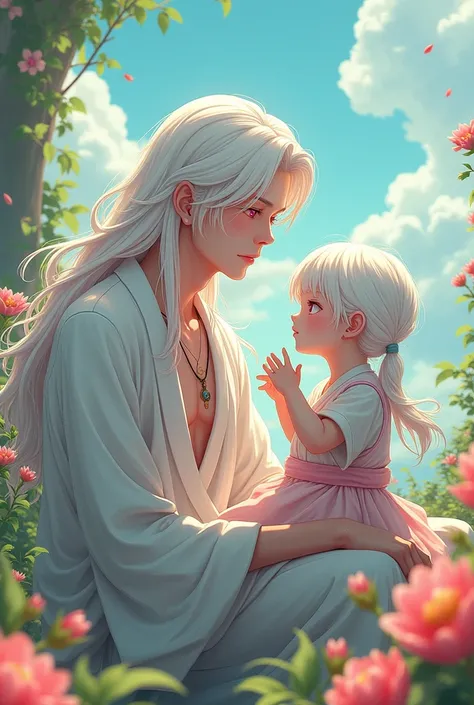  26-year-old albino man with long hair and pink and light blue eyes,  playing with his  albino daughter in a Japanese flower landscape, Serious expression of the mature man wearing an anime necklace 
