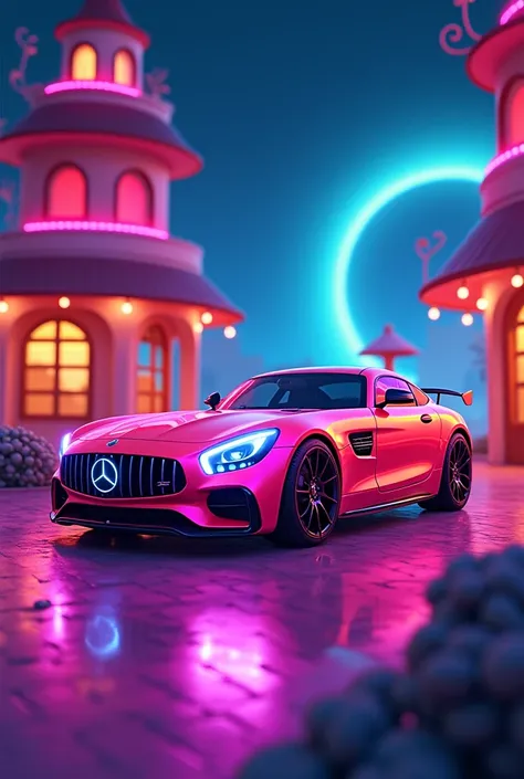 A neon car in a cartoon 