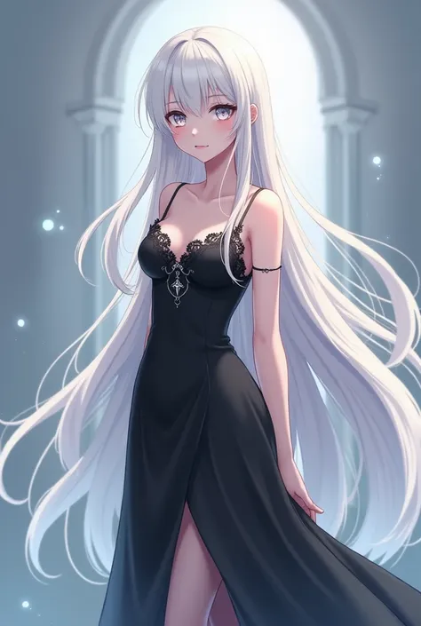 Teenage female anime style character design, she is of average height, silver eyes, very fair skin, slender body, long white hair, and wears a somewhat revealing black nightgown. 