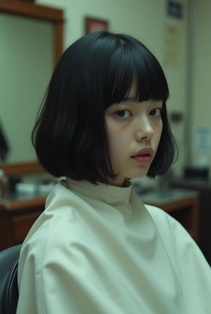  one girl ,  black hair, bangs, Bob Haircut,  Im wearing a white poncho for a haircut ,  sitting on a barber chair with her back stretched out,  inside an old Showa retro barber shop , Mental Silence , Transcendent Silence,  absurd,anxiety、regret、  high de...