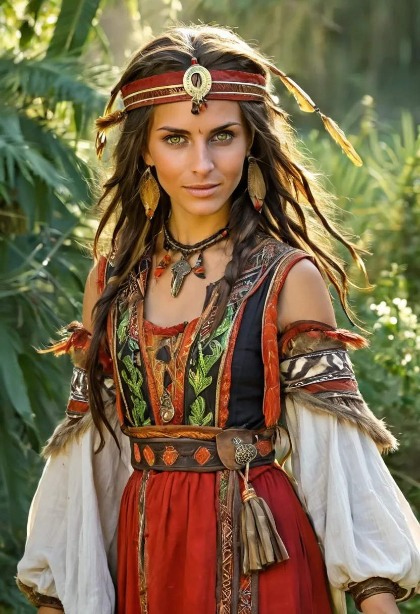 a nomad female, cute face, wearing tribal clothes, in a medieval village, long braided honey hair, big round green eyes, redskin...