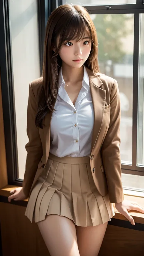 a young beautiful japanese girl in her school uniform standing by a window after class, looking out wistfully as the setting sun casts a warm glow, pleated micro mini skirt, blazer, glossy lips, big beautiful brown eyes with double eyelids, natural makeup,...