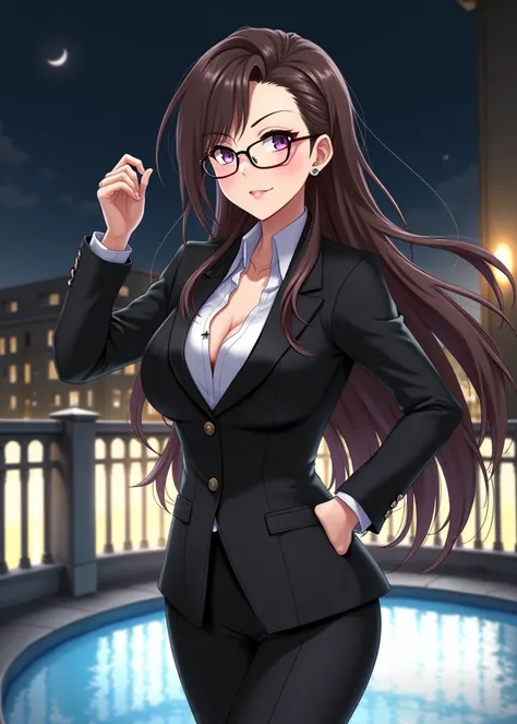 Pretty young adult girl with long brown hair and purple eyes with big breasts wearing glasses and wearing a black office suit in the background of an anime-style Mirador