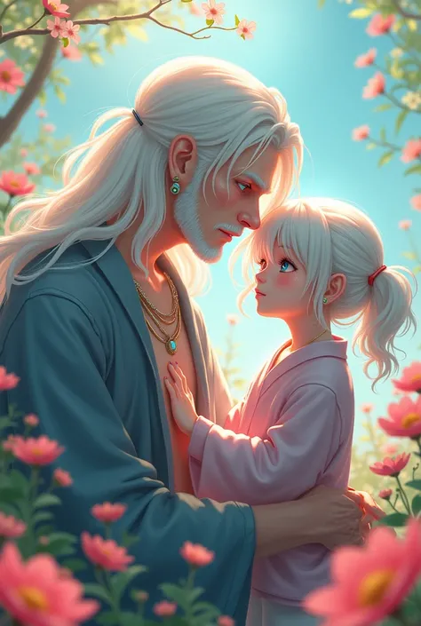  26-year-old albino man with long hair and pink and light blue eyes,  playing with his  albino daughter in a Japanese flower landscape, Serious expression of the mature man wearing an anime necklace 
