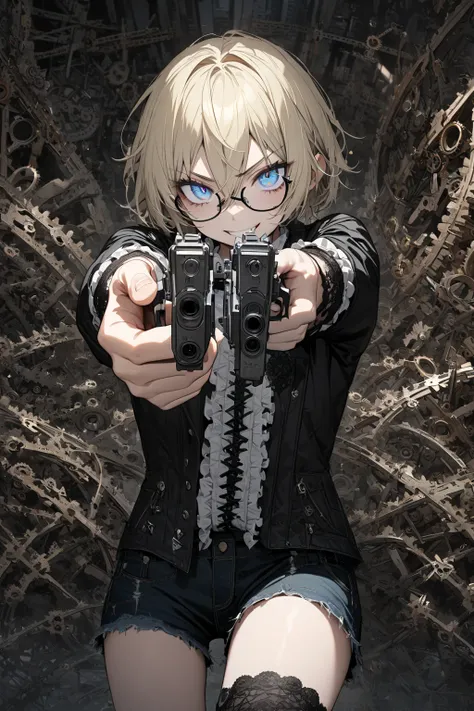 masterpiece, best quality, ultra detailed 8k, extremely detailed eyes, cute girl, 17yo, (blonde hair, very short hair, hairs between eyes), blue eyes, glasses, evil grin, slender body, holding two gun in each hand, duel gun, pointing gun, aiming at viewer,...