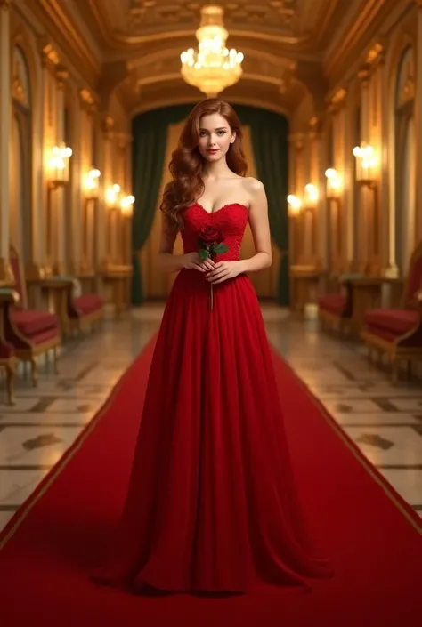 beautiful 18 year old girl, wear red dress, holding red rose, golden room palace background, red carpet