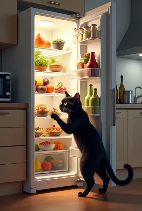 Black cat robbing the refrigerator 
realist
