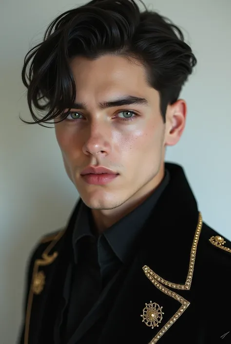  Twenty-five-year-old male , dark hair and gray eyes,  high cheekbones and thin lips , pale skin, beautiful and fine features .  Wearing a black jacket lined with gold filigree 