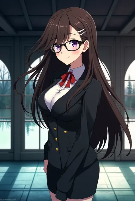 Pretty young adult girl with long brown hair and purple eyes with big breasts wearing glasses and wearing a black teacher costume in the background of an anime-style Mirador