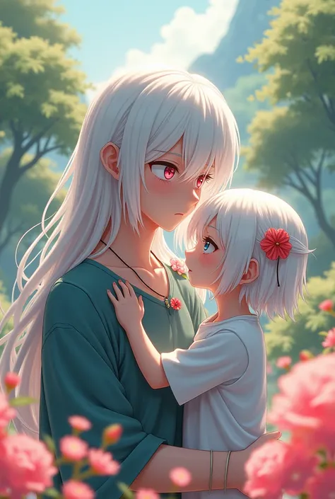  26-year-old albino man with long hair and pink and light blue eyes,  playing with his  albino daughter in a Japanese flower landscape, Serious expression of the mature man wearing an anime necklace 
