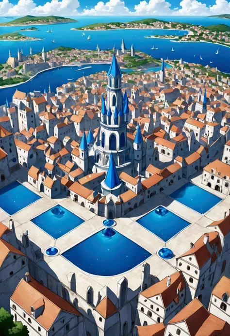 large city There is a blue crystal in the center of the city. The surrounding area is the sea. The terrain around the city is triangular. Its a medieval city. But it represents progress and is a city of learning. The entire citys rooftops are mostly compos...