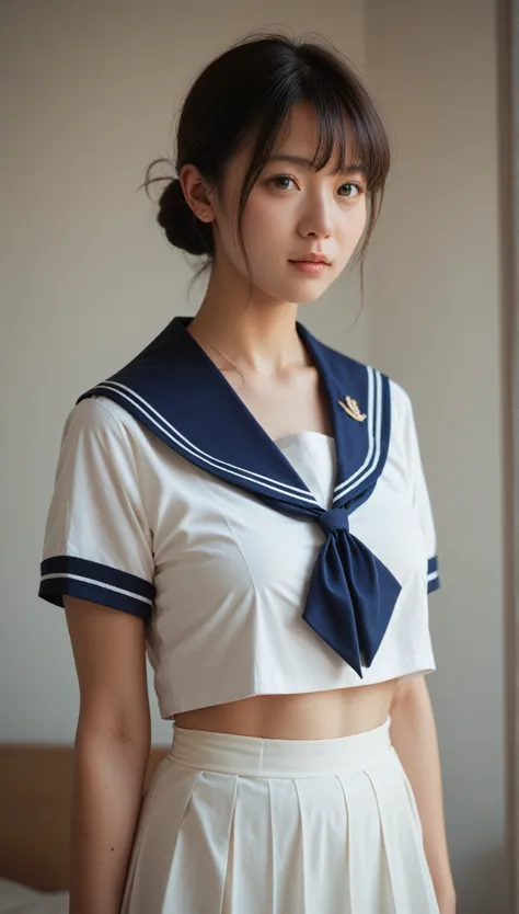 realistic, ,medium breast,   japanese girl in sailor suit   、 (( woman&#39;uniform )),please show me   ,vulgar appearance  , pan...