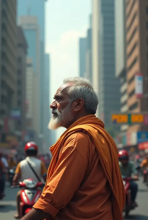 An Indian man standing in a big city. And he is thinking deeply about something.