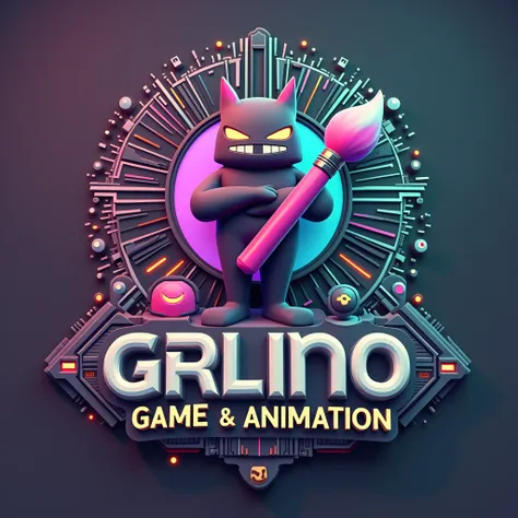 Create a bold, 3D modern logo for a game and animation studio with a strong color palette of red, black, and yellow. The logo should have a central 3D element, such as a digital brush or pixelated character, symbolizing creativity and animation. Surround t...