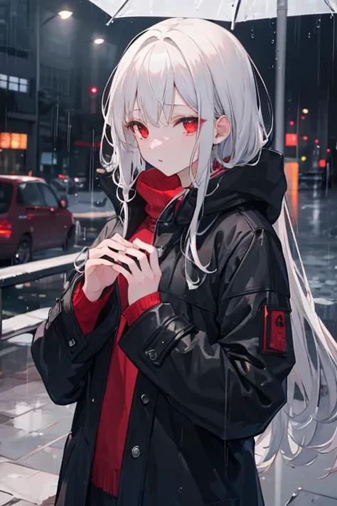 (( best quality )), ((masterpiece)), (detailed), 1 ,  red eyes , large black coat with long sleeves, neutral expression, night scenario,  rimuru tempest , rainy scenario