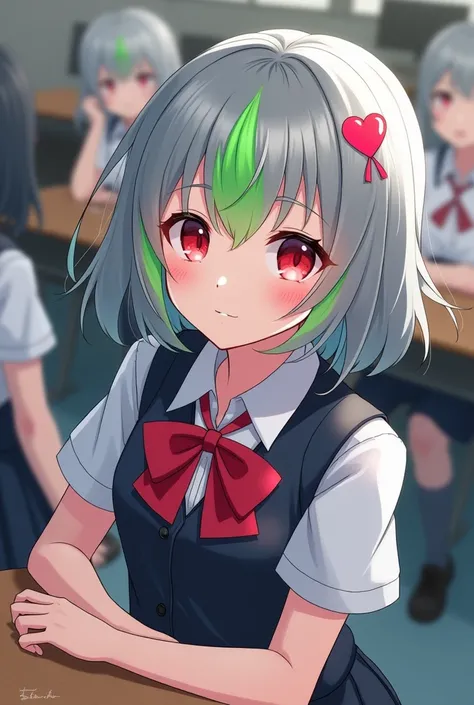  An attractive anime-style junior high school student with short gray hair 　Red eyes　uniform　Hairpin with a heart on the bangs 　 Only Part of the Forelock is Fluorescent Green Part of the Bangs is Fluorescent Green Classroom