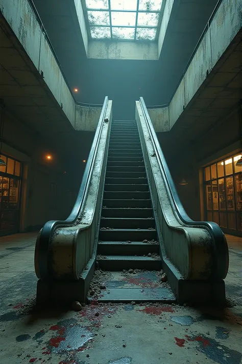 The old escalator is full of dust and there are splashes of black ink and blood on the floor which is very scary in a very dirty and damaged mall and there is mucus from a cut hand