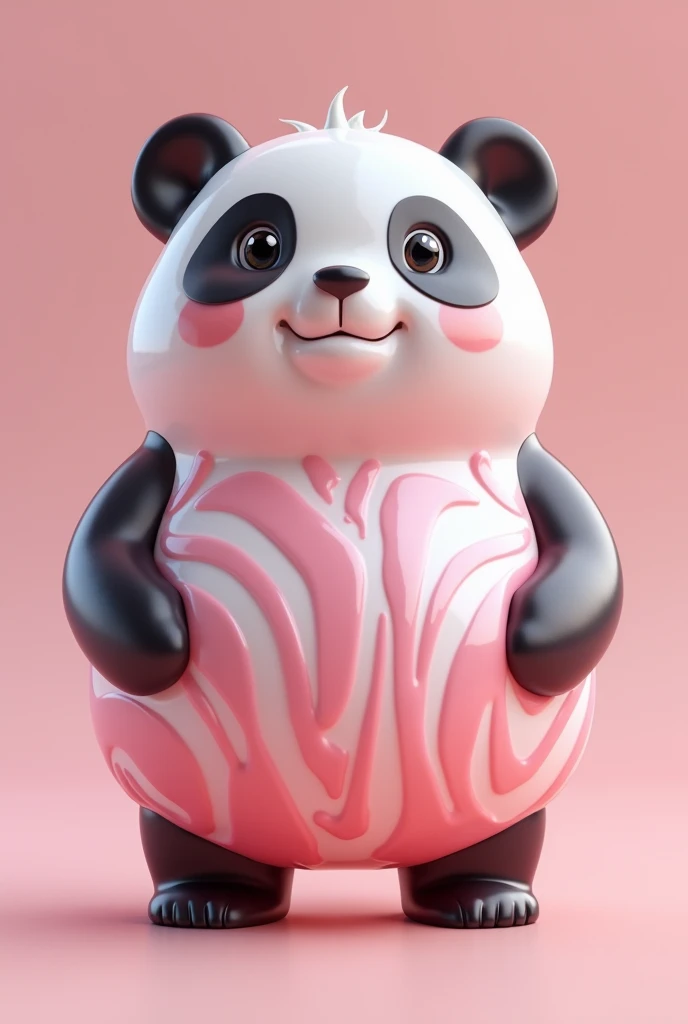 A highly detailed 3D rendering of a hybrid animal, merging a panda and chewing gum into a playful and surreal creature. The body of the hybrid resembles a soft, glossy, and slightly stretched piece of chewing gum, shaped to mimic the round form of a panda....