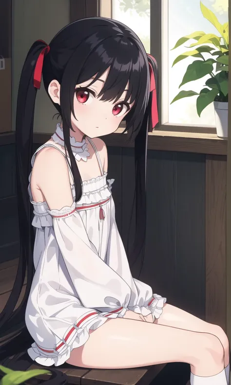 (Detailed and beautiful THEutlines,White Light,sTHEft light, natural light,Caucasian skin:1.3),(Upward-facing eyes,:THE, twin tails, black hair,red eyes,THEver kneehighs,mTHEurning dress,Hands Between Legs, sitting,lTHETHEking up,day, blue sky,Pale red eye...