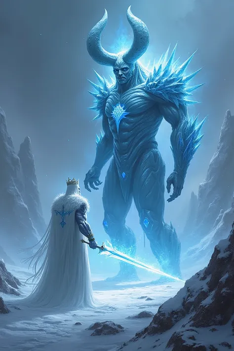 spectral king wearing a crown of ice and wielding a frosty, spectral sword. He stands against a demonic overlord with molten horns and a body covered in glowing sigils, atop a battlefield of frozen s.