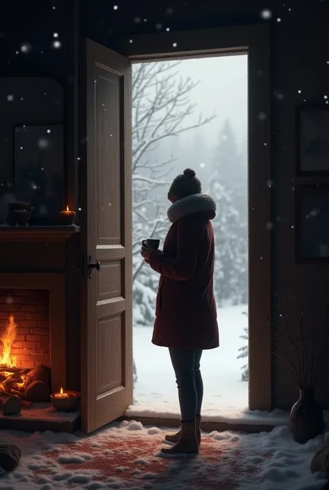 There is a room with a fireplace. The fire is on. To the left of the fireplace is a door/window and it is open to the outside. It is snowing outside. Some of the"
snowflakes landed inside just passed the threshold.
There is someone standing in the doorway ...