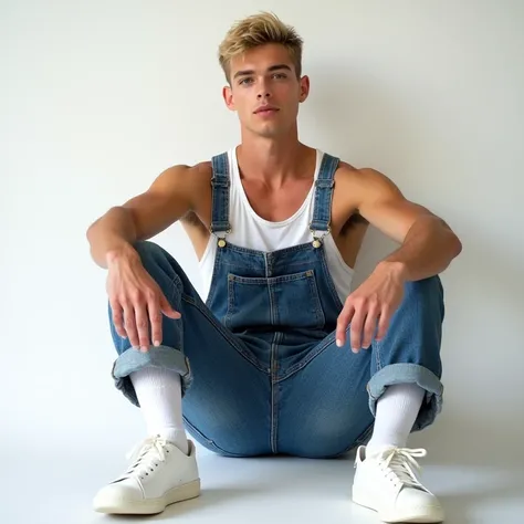 handsome young hot beautiful white man sitting on a white background making out. wearing denim overalls with white tank top, white socks and white sneakers model man