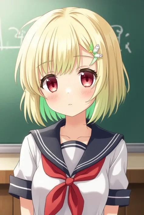  An attractive anime-style junior high school student with short gray hair 　 platinum blonde　Red eyes　uniform　White heart hairpin on bangs　 Only Part of the Forelock is Fluorescent Green Part of the Bangs is Fluorescent Green Classroom