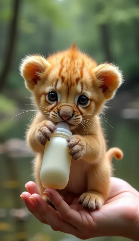 A close-up of a tiny cute fat baby lion with nice fur on it being held gently by a human finger. He is very small, e fofo. feeding milk, bottle. The background is blurred with a forest and a pond behind it.