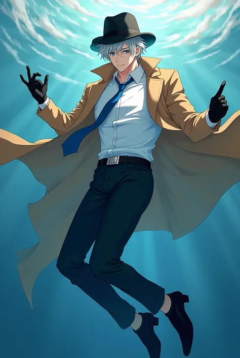 Sexy anime guy with short messy silver hair and blue eyes wearing white dress shirt , blue tie, tan trenchcoat , black trousers, black fedora, black  dress shoes, black gloves and sunglasses swimming  full body