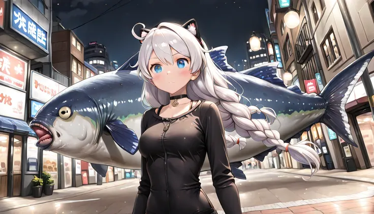 ((top quality)),((masterpiece)),((perfect face)),(ultra-detailed),ultra high res, 8k, 1girl, kiana kaslana, giant tuna, night street, streetlights, white hair, exquisite, (very aesthetic:1.2), (absurdres:1.2), (detailed background),newest, perfect anatomy,