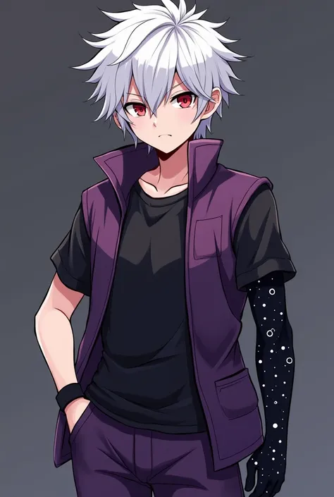 Make a character in the style of the solo leveling anime of A Strong Boy 2. 10 meters tall short white hair black and red eyes short black sleeve t-shirt purple jacket purple pants a band on the right arm while on the right arm it was all black looking lik...