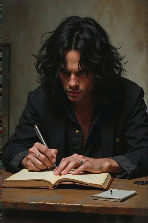 Jim Morrison writing poetry, An image of Jim Morrison writing in his poetry notebook, capturing his more introspective side, Vintage art style 