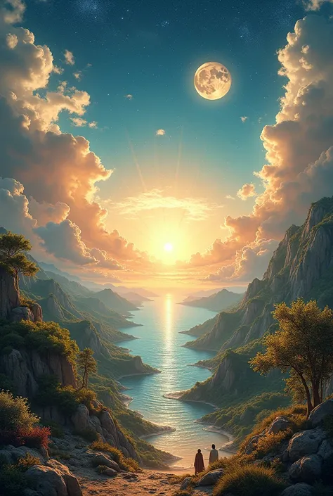 Visual Concept: A Panoramic Overview of the Old Testament

1. The Creation (Genesis 1-2)
•	Left Side of the Panoramic Visual:

Representation: A serene landscape depicting the creation of the heavens, earth, and life. The image could show the sun, moon, st...